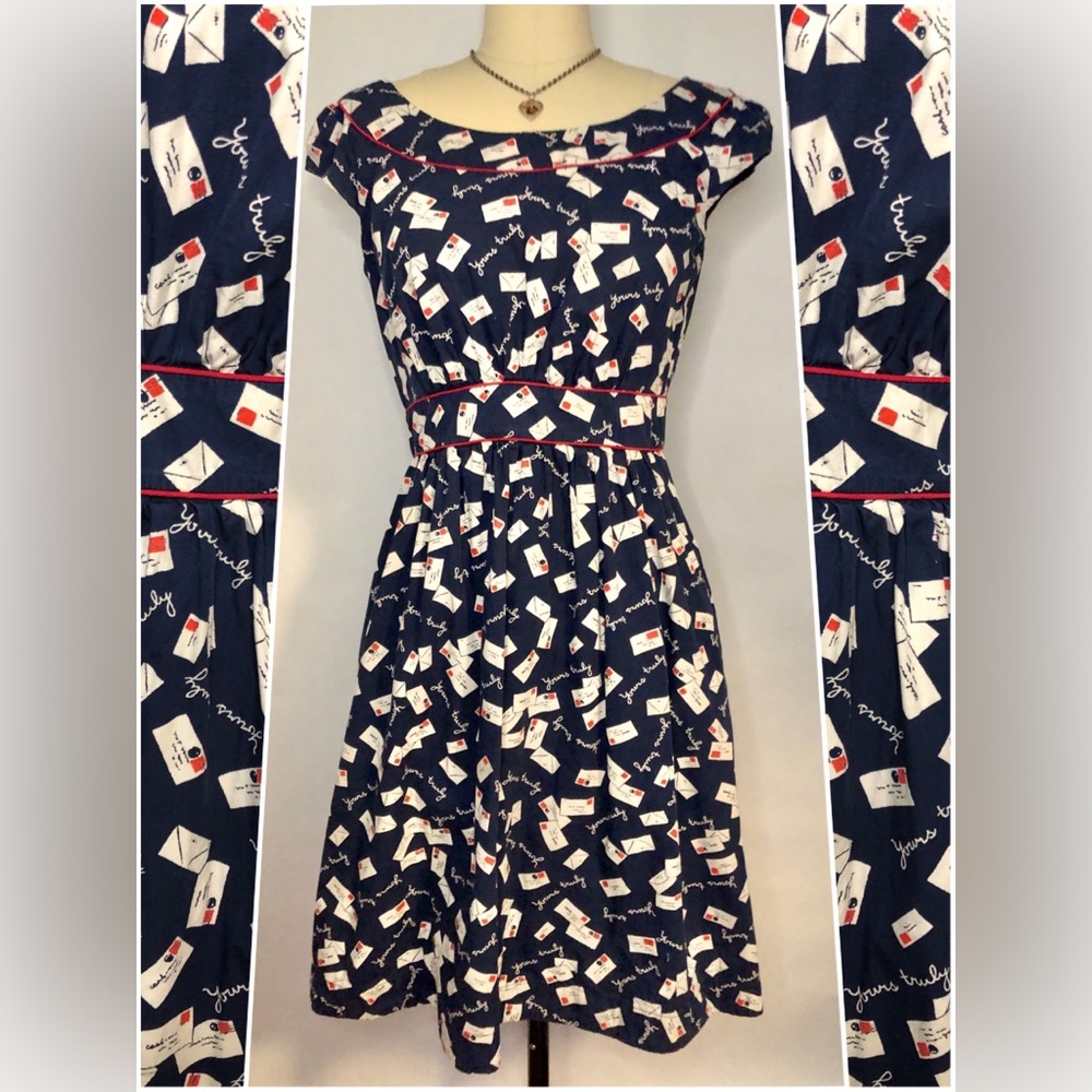 Emily & Fin Yours Truly Love Letter Retro Dress Modcloth Size MD *Pockets!*